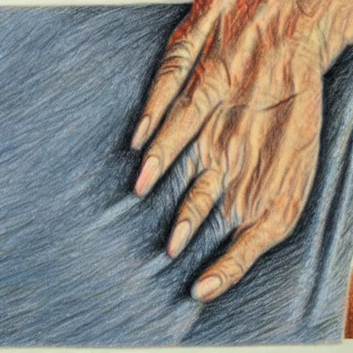 Image similar to colored pencil drawing of a grandpa's finger