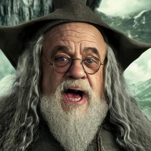 Prompt: Danny Devito as Gandalf the Grey, film still from Lord of the Rings movie, detailed, 4k