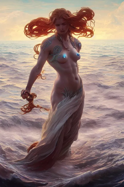 Prompt: goddess of the ocean, accurate anatomy, only two hands, highly detailed, digital painting, artstation, concept art, smooth, sharp focus, illustration, Unreal Engine 5, 8K, art by Ross Tran and greg rutkowski and alphonse Mucha