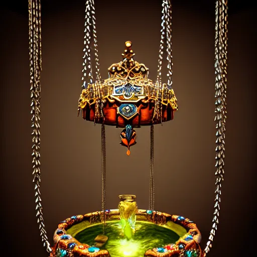 Image similar to transparent chest with a message inside it is decorated with jewels and hangs from the neck of a valkyrie with armor, in the background you can see the fountain of a park. digital art, fantasy art, photo realistic, dynamic lighting, artstation, poster, volumetric lighting, hyperrealistic, 4 k, award winning