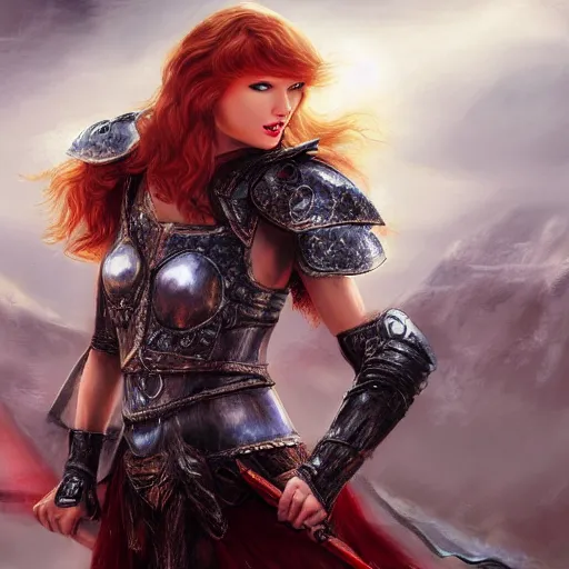 Image similar to the picture of taylor swift with red hair in a knight armor, epic fantasy art, mystical, mystic atmosphere, mythology, photo realistic, high detail, ultra realistic, hyper realistic, high definiton, 4 k uhd,