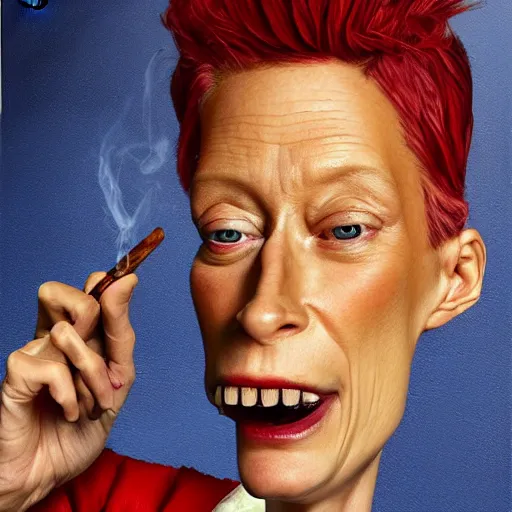 Prompt: caricature of tilda swinton smoking a cigar, realistic oil painting by sebastian krüger, expressive, colorful, plastic