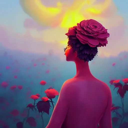 Image similar to closeup, huge rose flower head, frontal, a girl in suit, surreal photography, sunrise, dramatic light, impressionist painting, digital painting, artstation, simon stalenhag