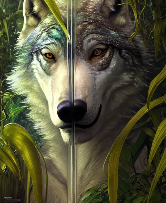 Prompt: simplicity ornate opulent transparent clear see - through portrait of a terrifying beautiful male alien wolf, mottled coloring, adorable, childlike, overgrown jungle environment, ultra realistic, concept art, art nouveau, photorealistic, octane render, 8 k, unreal engine. art by christopher marley and artgerm and greg rutkowski and alphonse mucha