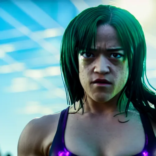 Image similar to cinematic scene with michelle rodriguez as jolyne from jojo's bizarre adventure, live action film, stone ocean, dramatic, small details, volumetric lighting, still frame