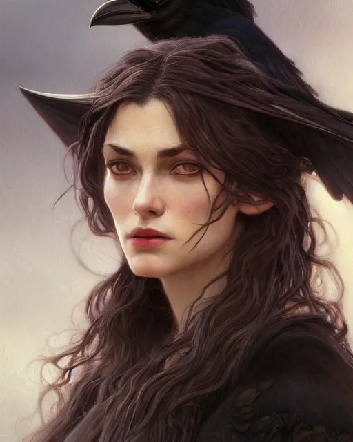 Prompt: close up portrait of a crow and a female witch, soft hair, half body, leather, d & d, fantasy, intricate, elegant, highly detailed, digital painting, artstation, concept art, smooth, sharp focus, illustration, art by artgerm and greg rutkowski and alphonse mucha