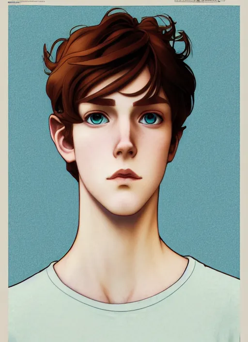 Image similar to art nouveau portrait of a teen boy with completely straight auburn hair, light blue eyes, pale skin, freckles, sad expression, t - shirt, modern casual clothing, natural lighting, path traced, highly detailed, high quality, cartoon, digital painting, by don bluth and ross tran and studio ghibli and alphonse mucha