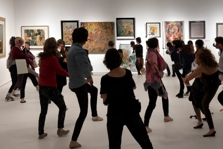 Image similar to a group of people attacking an art gallery show