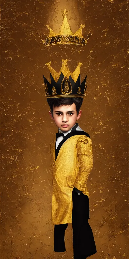 Image similar to young Camilo wearing a golden crown and a black tissue paper prince tuxedo by Prada. ethereal, fantasy, Lawrence Alma-Tadema, James Jean, oozium, peter morbacher, angelarium, alchemy, luxury, heavenly light, Soft illumination, Trending on artstation, Cinematic Lighting, very detailed, 3D, octane render, artgerm