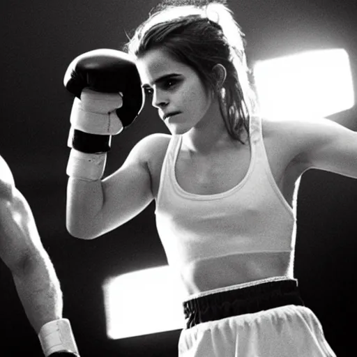 Image similar to emma watson starring in the new rocky movie, 8 0 s movie, cinematic, movie poster, dark, moody