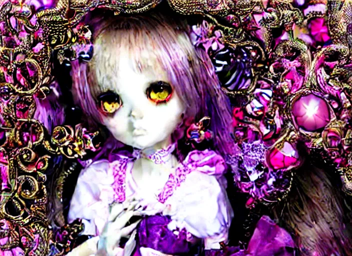 Image similar to baroque bedazzled gothic royalty frames surrounding a pixelsort emo demonic horrorcore japanese beautiful fairy kei doll, sharpened early computer graphics, remastered chromatic aberration