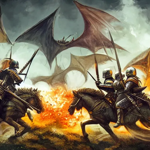 Image similar to war torn medieval battlefield, figures fighting in the distance, gleaming knights in resplendent armour locked in battle against dragons spewing fire, dnd, fantasy, high quality, high definition, concept art, smooth