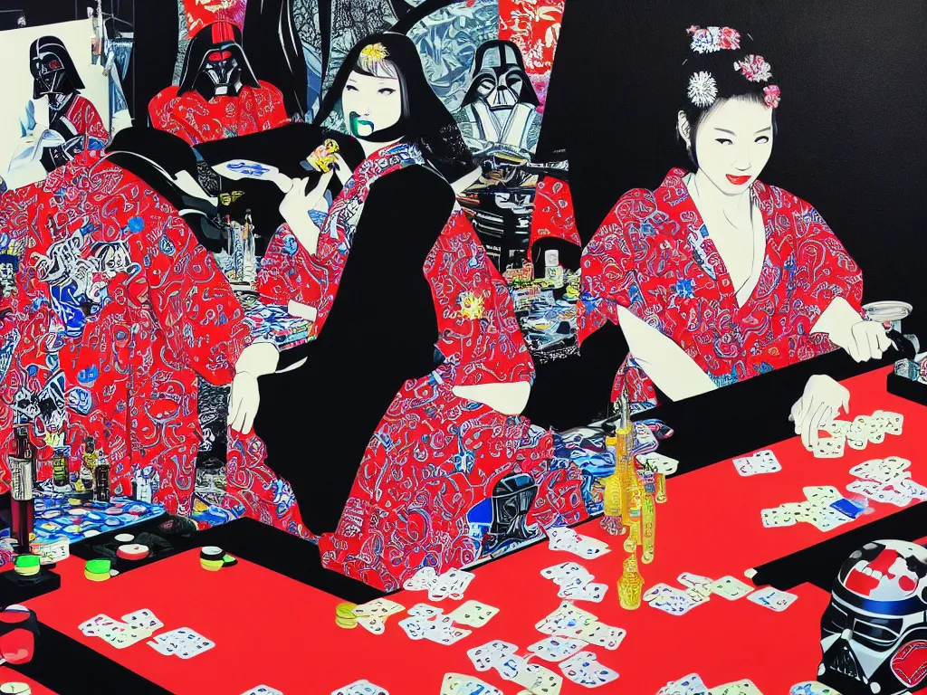 Image similar to hyperrealism composition of the detailed woman in a japanese kimono sitting at an extremely detailed poker table with darth vader, fireworks on the background, pop - art style, jacky tsai style, andy warhol style, acrylic on canvas