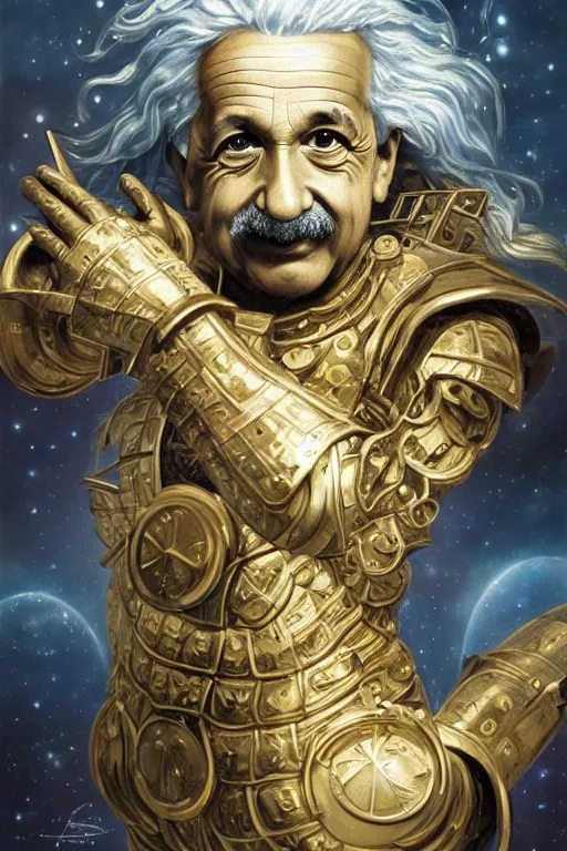 Prompt: breathtakingly beautiful painting of albert einstein in gold armor, thinking about equations, moonlit sky, matte painting by brian froud, shaun tan, wlo and peter mohrbacher, highly detailed, intricate,, award winning artwork, trending on artstation, high quality printing, fine art with subtle redshift rendering