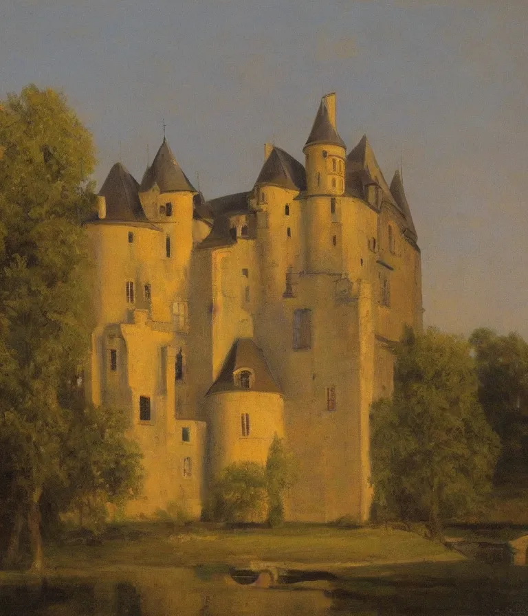 Image similar to Chateau de Ver. history painting, dusk, sunset lit Chateau, artstation, oil on canvas, by Albert Aublet, Private Collection