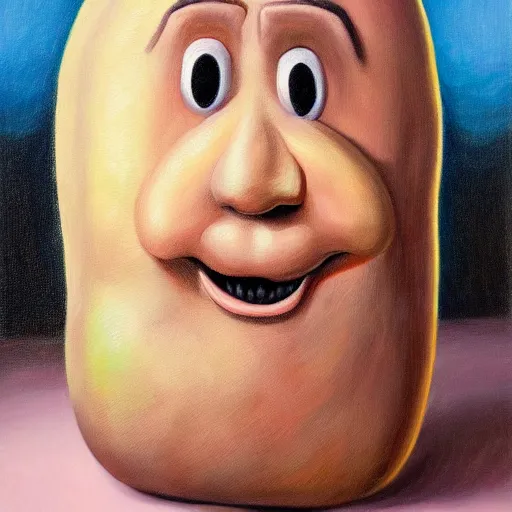 Image similar to the anthropomorphic potato elon musk by john byrne, photorealistic oil on canvas