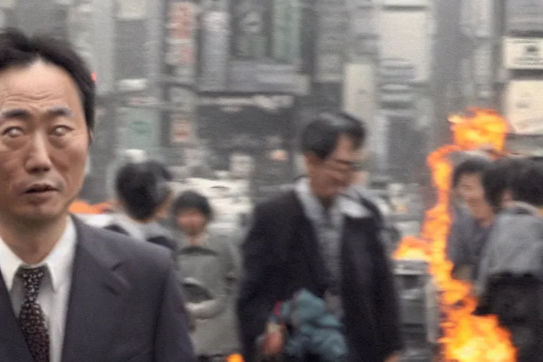 Image similar to cinematography closeup portrait of a Japanese business man carrying his dog running from an explosion in Tokyo by Emmanuel Lubezki