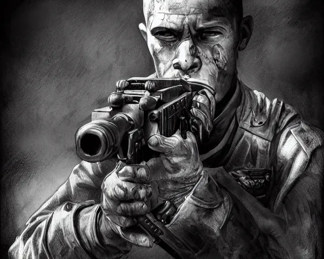 Prompt: A soldier with a hateful face holding a machine gun, world war 1, close-up, realistic face, beautiful face detail, mature facial features, black and white, amazing digital art, hyper detailed, artstation, in the style of Tony Sart