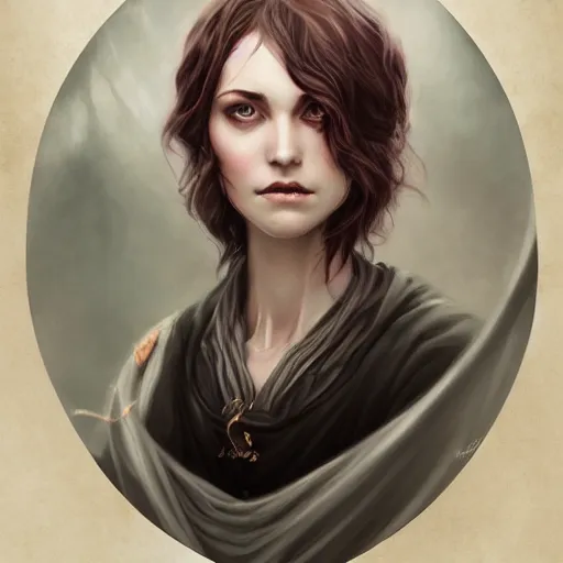 Image similar to a detailed matte head - on portrait painting of an middle - aged half - tiefling noblewoman with golden eyes and short well kept hair, by charlie bowater, lise deharme, wlop, tending on arstation, dungeons and dragon, dnd, pathfinder, fanart, oil on canvas