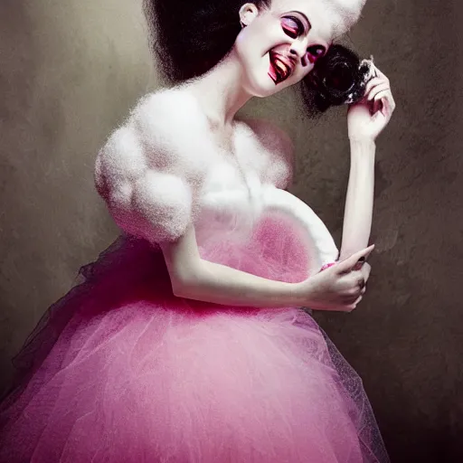 Image similar to portrait of a cute smiling bride of frankenstein with soft pink and white cotton fluffy balls floating in image, fashion photography, highly detailed, digital photography by jheronimus bosch and james jean and james rutkowski, fashion photography