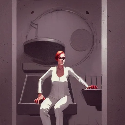 Prompt: concept art by greg rutkowski, a very tall, and slender woman, wearing utilitarian jumpsuit, sitting in the giant washing machine with circle window, brutalist futuristic interior, dark lighting atmosphere, detailed portraits, nostalgic atmosphere, scifi, digital painting, artstation, concept art, smooth, sharp foccus ilustration, artstation hq