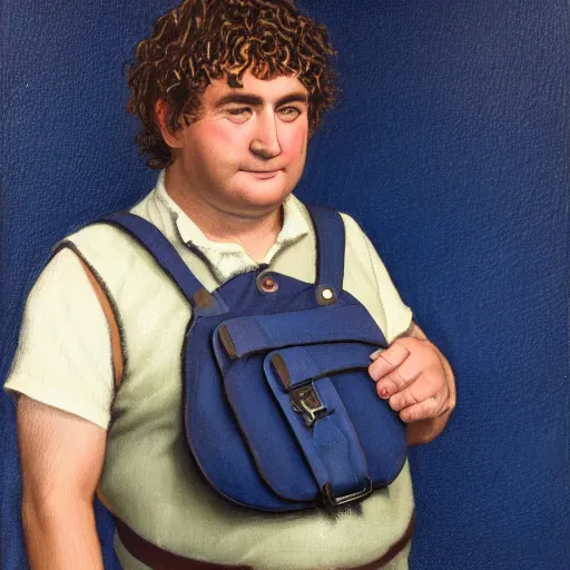 Image similar to close up headshot of a frowning clean shaven pudgy British lad with short curly dark brown hair as a hobbit wearing a white men's crossbody sling chest bag and blue vest, blue vest!! white crossbody chestbag!! high resolution film still, painting by Gerald Brom