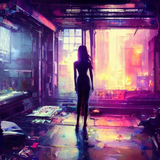 Prompt: back facing of a beautiful girl, cyberpunk, intimate, city, spotlight, passionate, by greg rutkowski, by jeremy mann, by francoise nielly,, 4 k, light emitting tattoos, correct body proportion