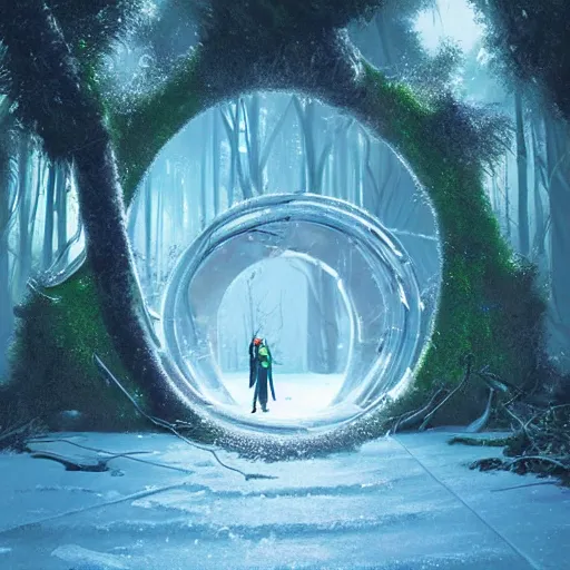Image similar to frozen derelict portal in a middle of a snowy lush futuristic forest, green lush world seen only through a portal, daylight, cinematic lighting, blue sky, syd mead, john harris