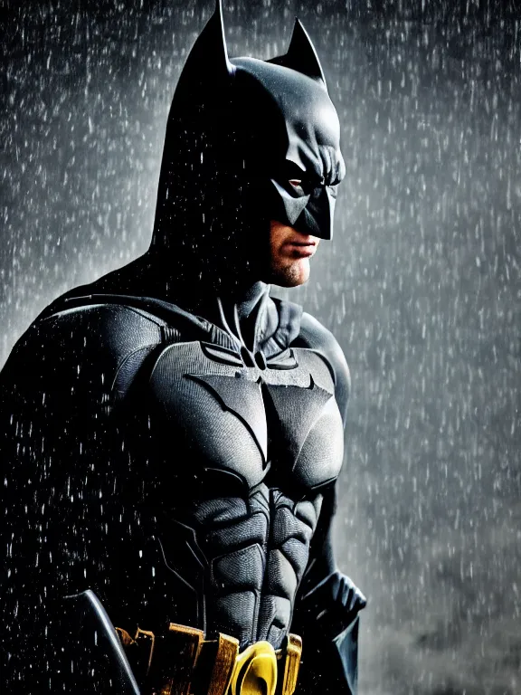 Prompt: film still, ryan renolds as batman, no mask, hyperrealism, moody lighting, rain, intricate, 8 k