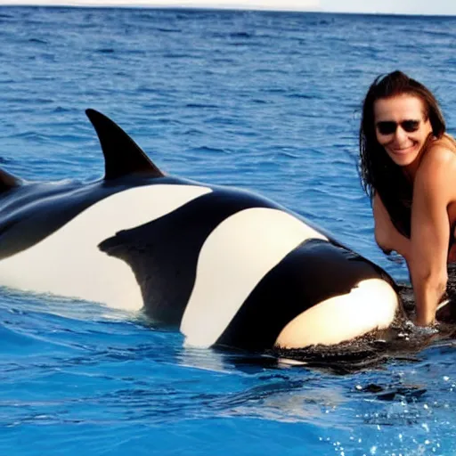 Image similar to gorgeous woman underwater with an orca whale trying to eat her