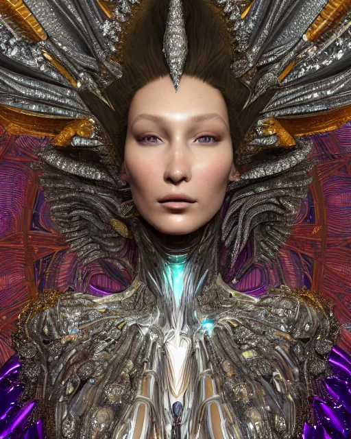 Prompt: a highly detailed metahuman 4 k close up render of an alien goddess bella hadid as god in iris van herpen dress schiaparelli in diamonds crystals swarovski and jewelry in style of alphonse mucha gustav klimt trending on artstation made in unreal engine 4