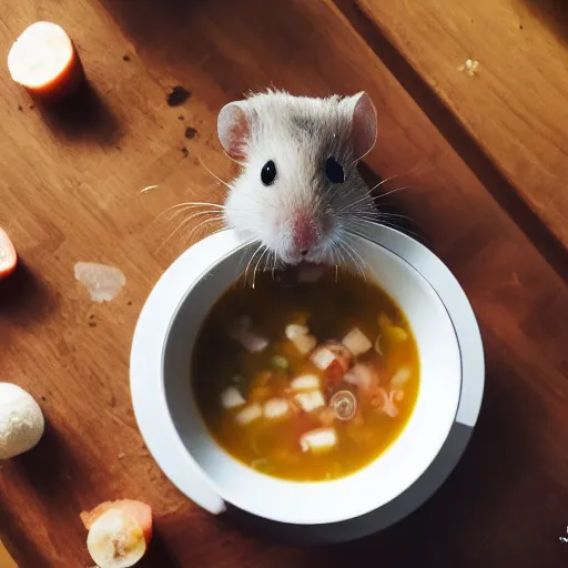 Image similar to detailed photo of a hamster eating soup, various poses, full body, daylight, 8 k