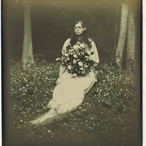 Image similar to portrait of a beautiful woman corpse covered in flowers in the middle of a Forest, ray gods, 1910 polaroid photography,