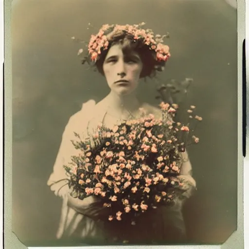 Image similar to woman covered in flowers, 1910 polaroid photography,