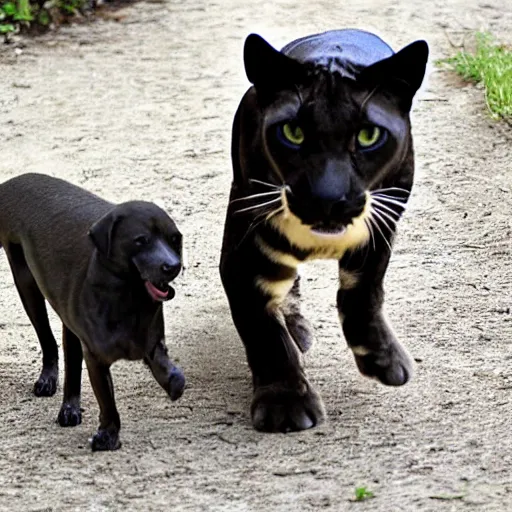 Image similar to panther shows teeth to a small long dog