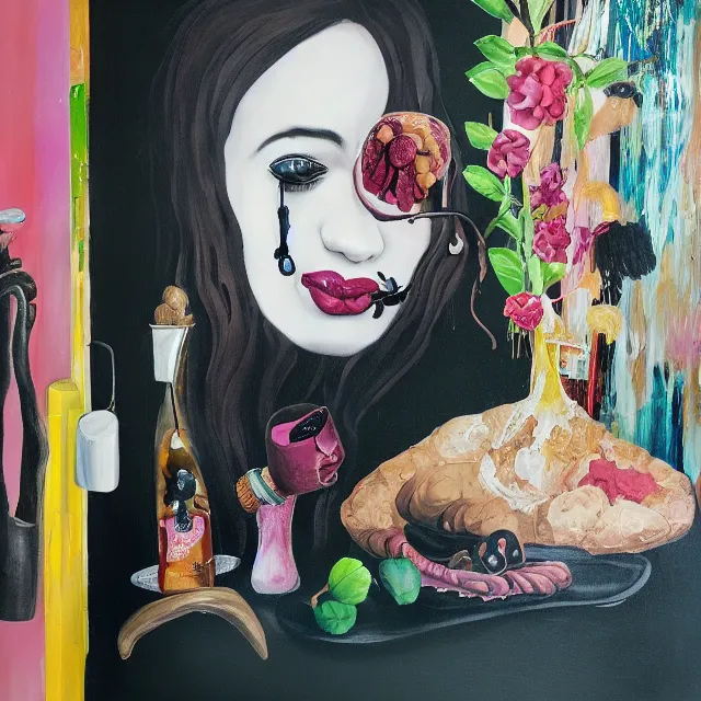 Image similar to sensual, a portrait in a female art student's bedroom, black walls, a woman drinking iced latte, pancakes, honey dripping, berries dripping, chocolate, surgical supplies, ikebana, octopus, neo - expressionism, surrealism, acrylic and spray paint and oilstick on canvas