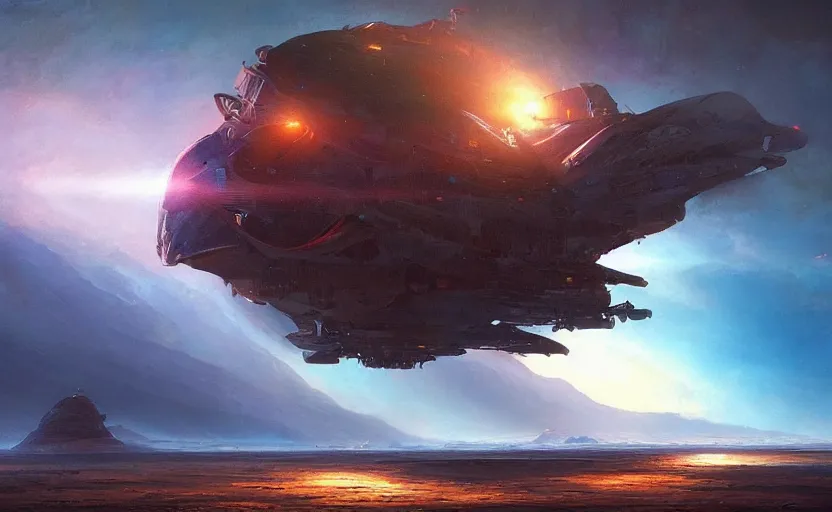 Prompt: a colorful spaceship emerges over the horizon of an alien planet, artwork by darek zabrocki, john howe, dramatic lighting, brushstrokes, paper texture visible.