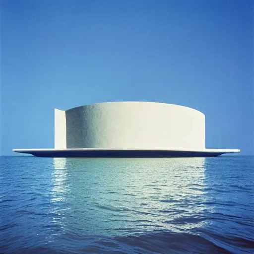 Prompt: a photo of a massive Non-Euclidean clay building floating in the ocean, vintage photo, beautiful cinematography, blue sky, surreal, film grain, symmetrical, James Turrell