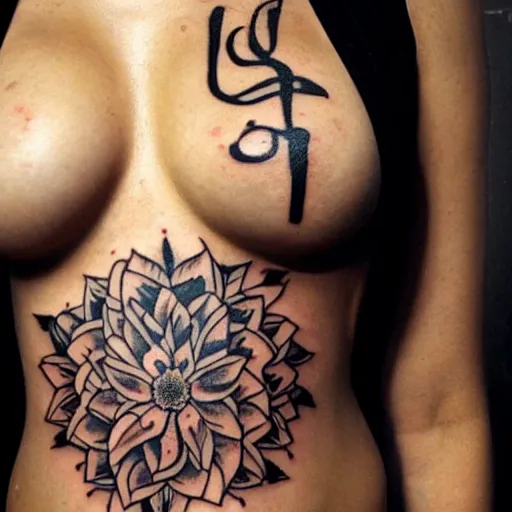 Prompt: a tattoo written in text [ [ [ sanskar ] ] ] on chest of beautiful women by famous tattoo artist black and white 8 k