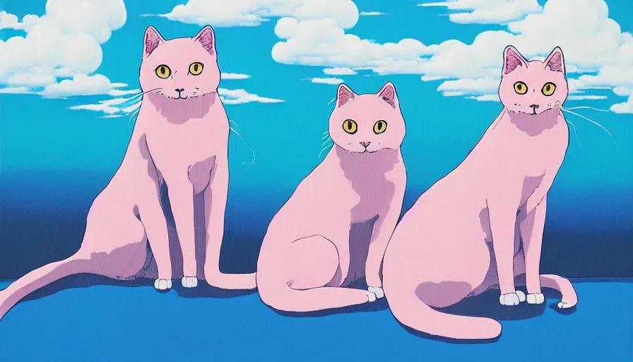 Image similar to highly detailed contemporary acrylic painting of really tall sitting cats by studio ghibli, thick brush strokes and visible paint layers, glistening clouds in background, light blue black, white and pink vivid pastel color scheme