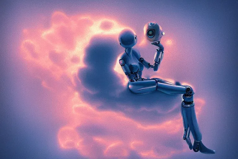 Image similar to a cute robot girl sitting on a cloud relaxing, red lighting, mist, digital art,