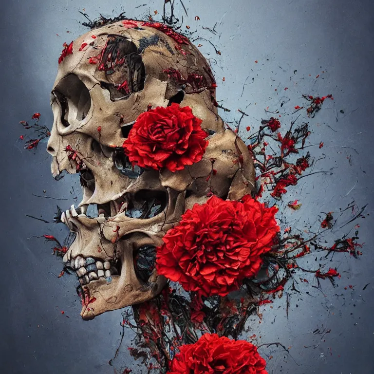 Prompt: A beautiful oil painting hyperrealism of a decayed black head, rotting black clay skin, skull bones, red flowers, floral headdress, 8k resolution, octane render, Trending on artstation, by Gediminas Pranckevicius, volumetric light 2blue fractal Thunder glow by dan mumford, anaglyph effect, Laurie Lipton