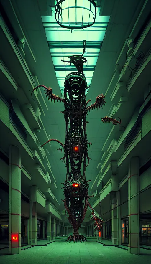 Image similar to biomechanical cybernetic monster creature in the dark abandoned mall, 3 d artwork by simon stalenhag tooth wu ande beeple