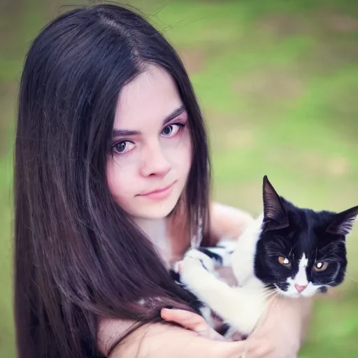 Prompt: a girl with long dark hair, big shiny dark eyes holding a cat in her arms, a stock photo by juan villafuerte and minerva j. chapman, pexels contest winner, high quality photo, rtx, hd, tumblr contest winner, anime, pretty, shiny eyes, sensual