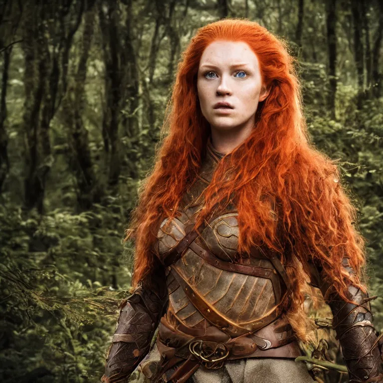 Image similar to 5 5 mm portrait photo of an armored handsome well - built female warrior, red hair, ginger hair, in a magical forest in the style of lord of the rings, highly detailed 8 k. intricate. lifelike. soft light. nikon d 8 5 0. cinematic post - processing