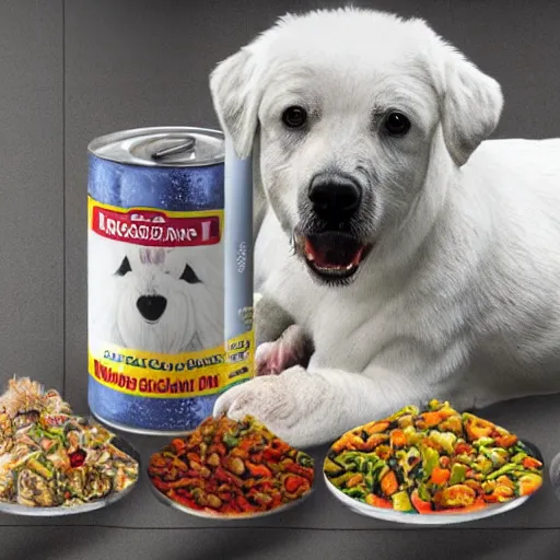 Prompt: a white cuddly dog on top of a can of food, digital art, nicely detailed