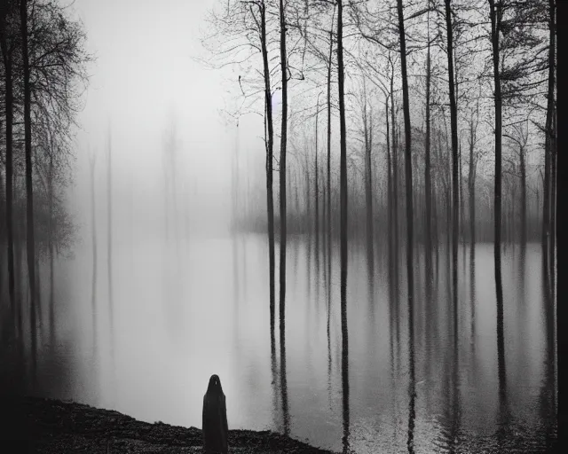 Image similar to lake by Andrei Tarkovsky, lady in long dress, mist, lomography effect, photo, monochrome, photo blurring, 35mm