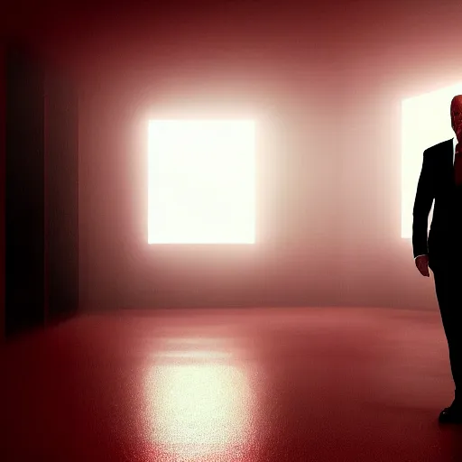 Image similar to Joe Biden standing in a room engulfed in red light, cinematic, bloom, breathtaking, illustration