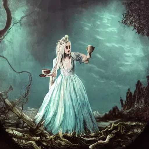 Prompt: A 18th century, messy, silver haired, (((mad))) elf princess, dressed in a ((ragged)), wedding dress, is ((drinking a cup of tea)). Everything is underwater and floating. Greenish blue tones, theatrical, (((underwater lights))), fantasyconcept art, inspired by John Singer Sargent's Lady Macbeth