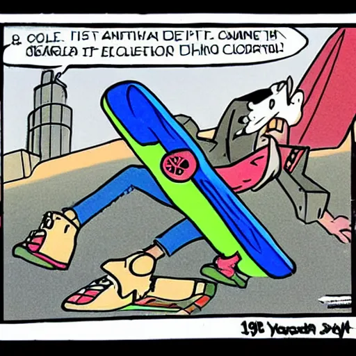 Prompt: 1990s 🦤 on a flying skateboard, cartoon